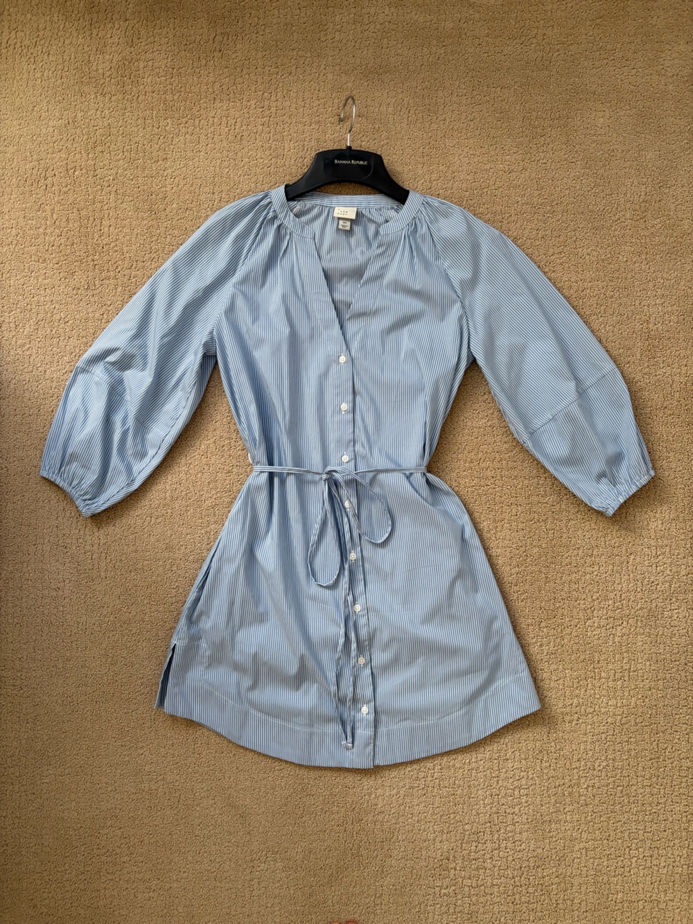 a new day Blue and White Pinstripe Shirt Dress with Balloon Sleeves and Pockeys